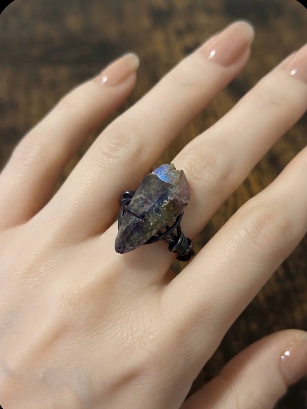 Aura Quartz  Point Wire-Wrapped Ring in Blue wire